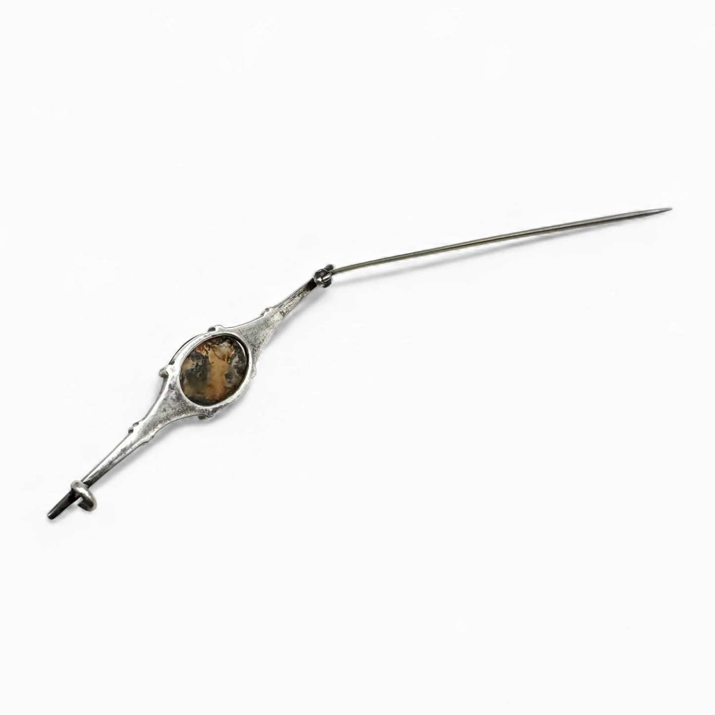 Victorian Scottish Carnelian Moss Agate and Marcasite Silver C Clasp Bar Brooch c. 1880–1900