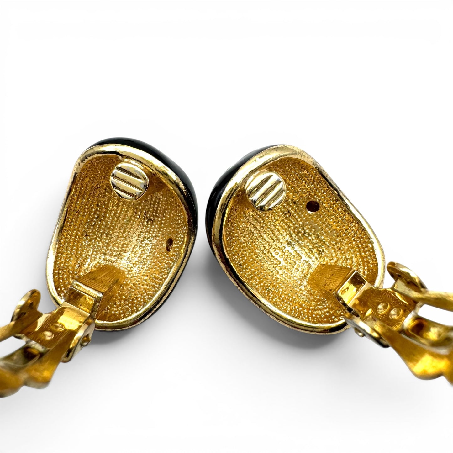 Vintage 1980's Black Enamel and Clear Rhinestone Concave Clip On Earrings