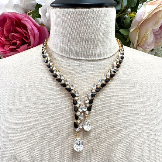Monet Statement 1980s Swarovski Crystal Y-Necklace with Dual Teardrop Crystal Pendants in Original Box