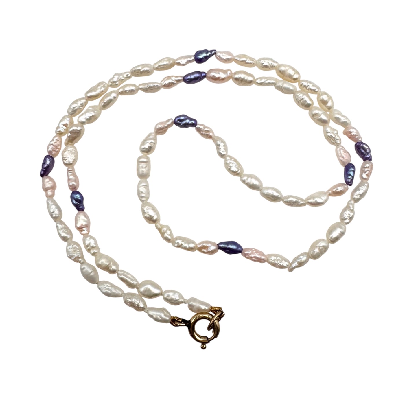 Mid-Century Cultured White/Pink/Lavender Freshwater Rice Pearl Gold-Filled Necklace