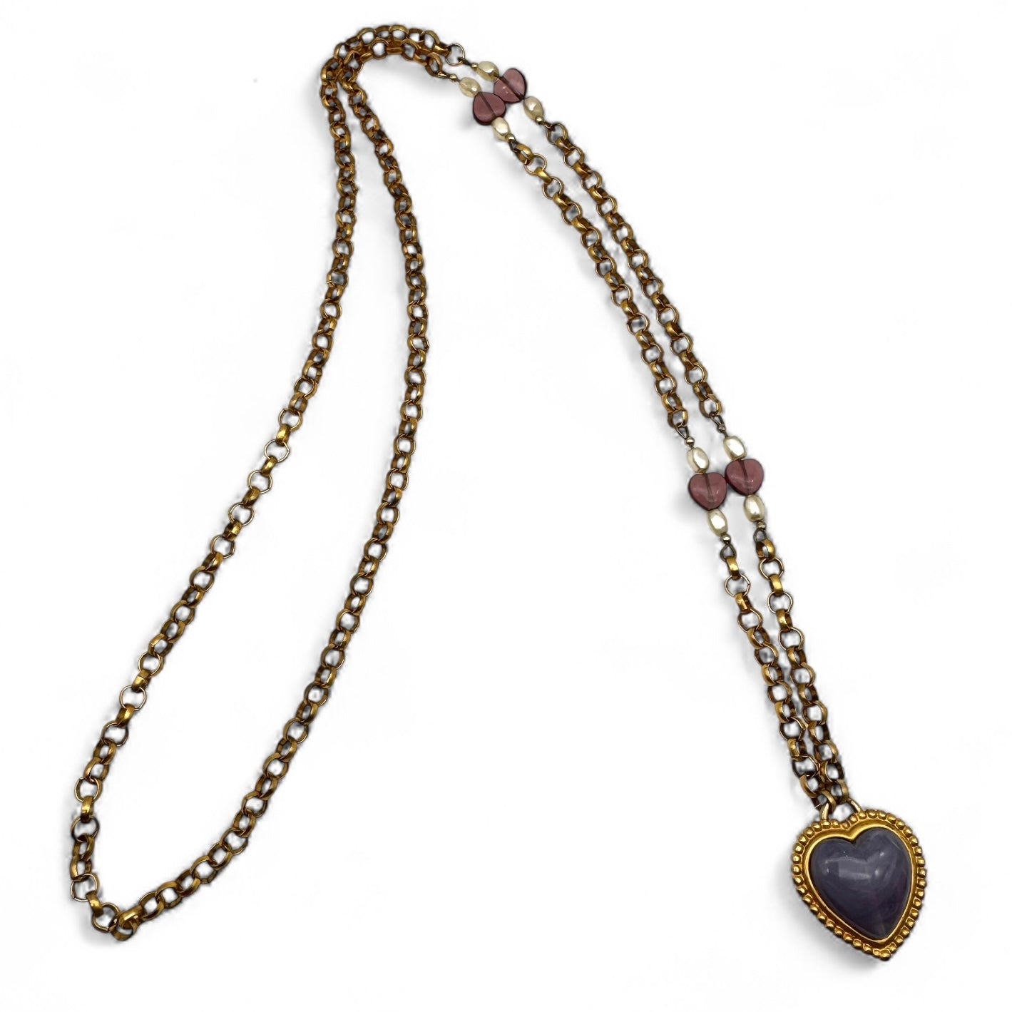 Leslie Block Matte Gold Plated Heart-Shaped Lilac Art Glass Pendant Necklace with Glass and Faux Pearl Bead Accents
