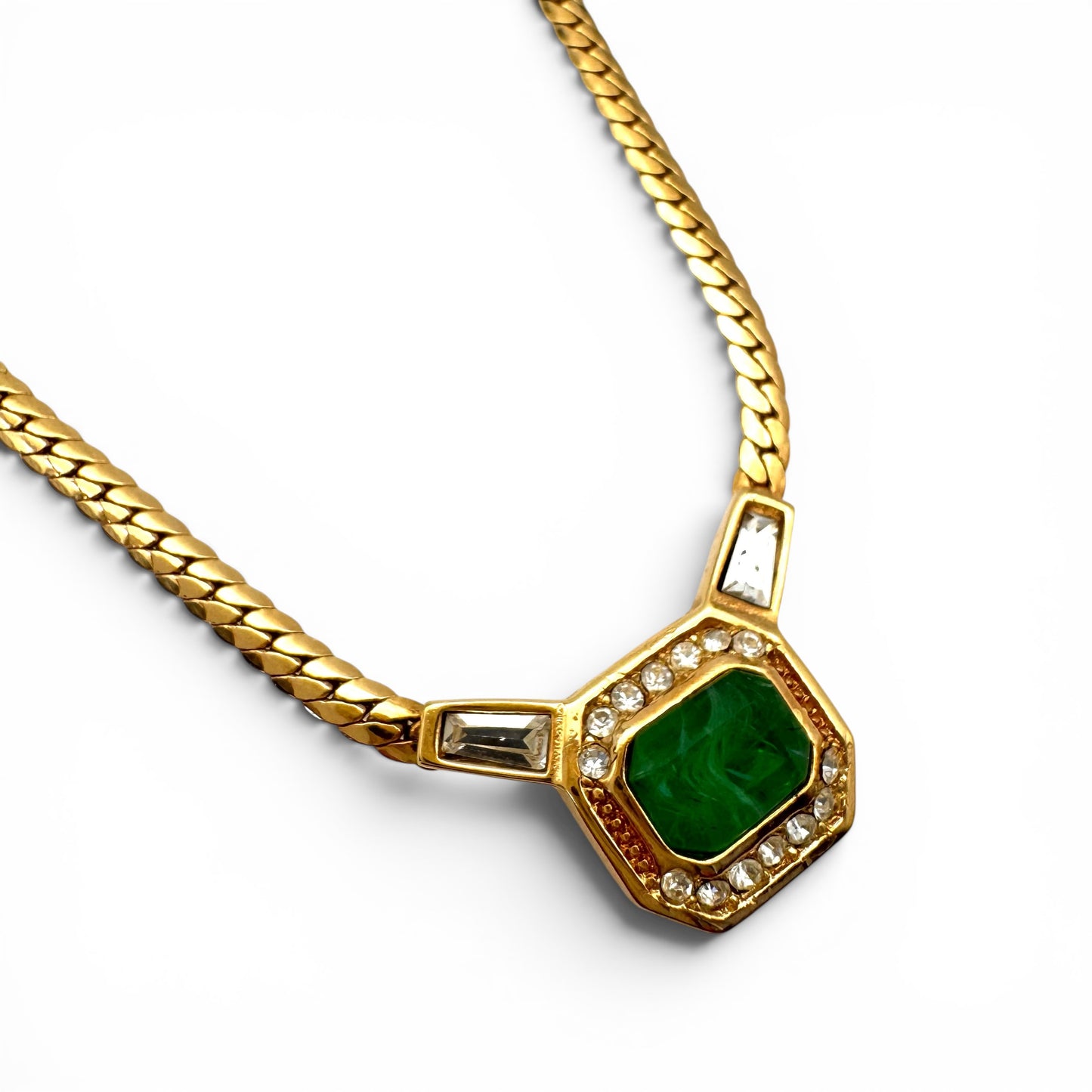 Christian Dior Germany 22ct Gold Plated Flawed Emerald and Crystal Integral Pendant Necklace