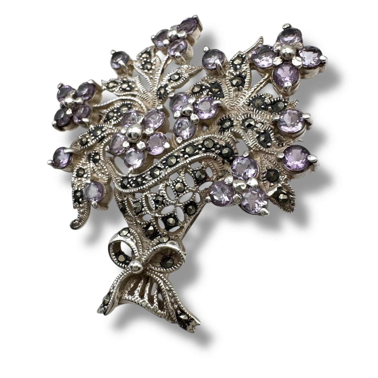 Vintage 925 Silver Victorian Revival Giardinetti Style Amethyst and Marcasite Flower Basket Brooch
