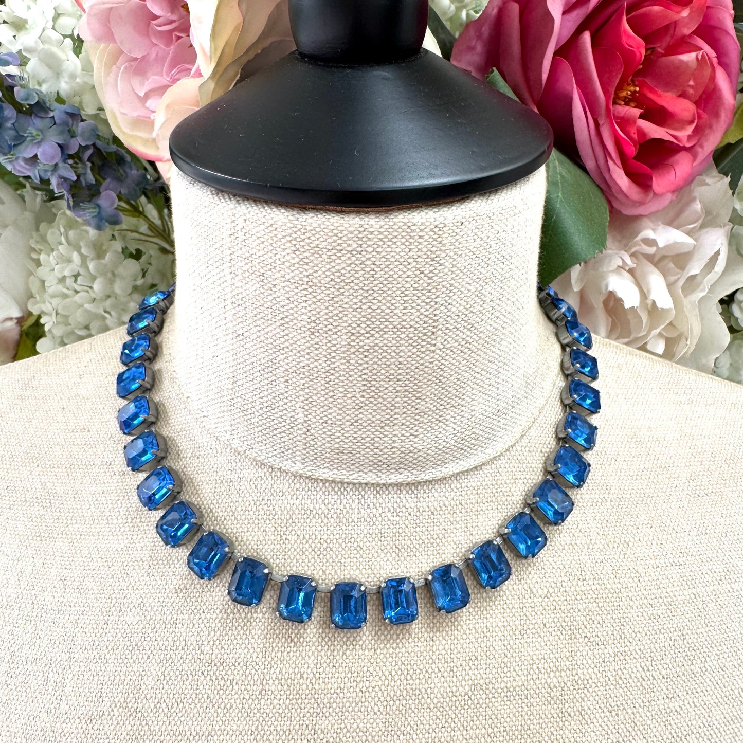 1940s Czechoslovakian Glass Royal Blue Riviere Necklace