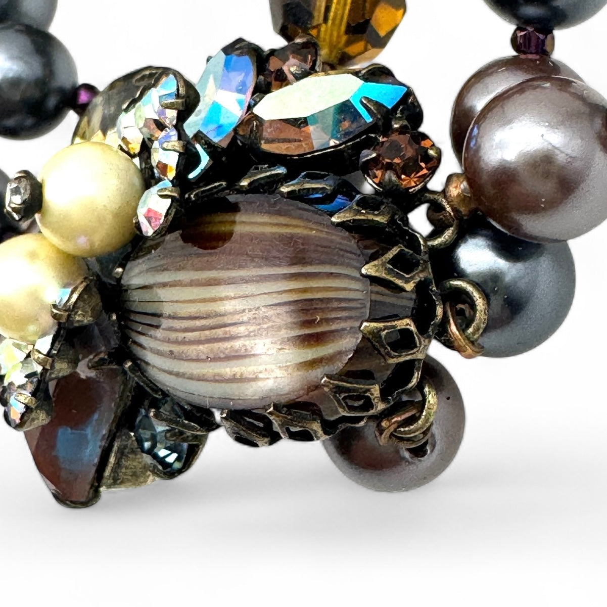 Marvella Sappharine / Saphiret Three Strand Smoky Grey and Chocolate Bronze Faux Pearl Bracelet with Cluster Slide Clasp