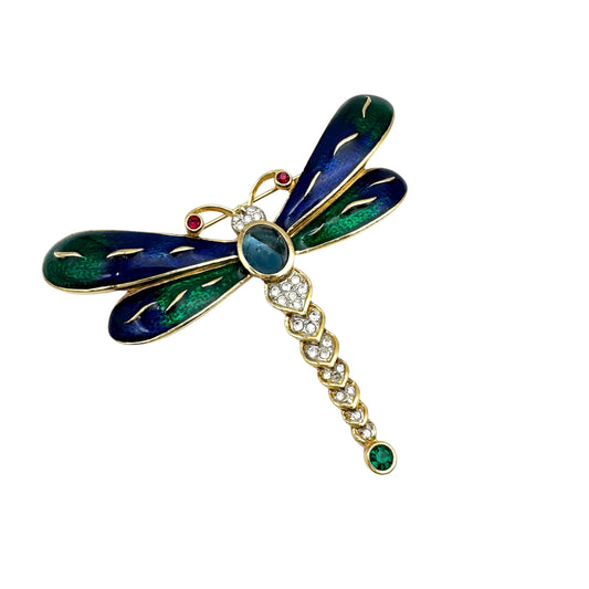 Attwood and Sawyer 22ct Gold Plated Swarovski Crystal and Enamel Rigid Dragonfly Brooch