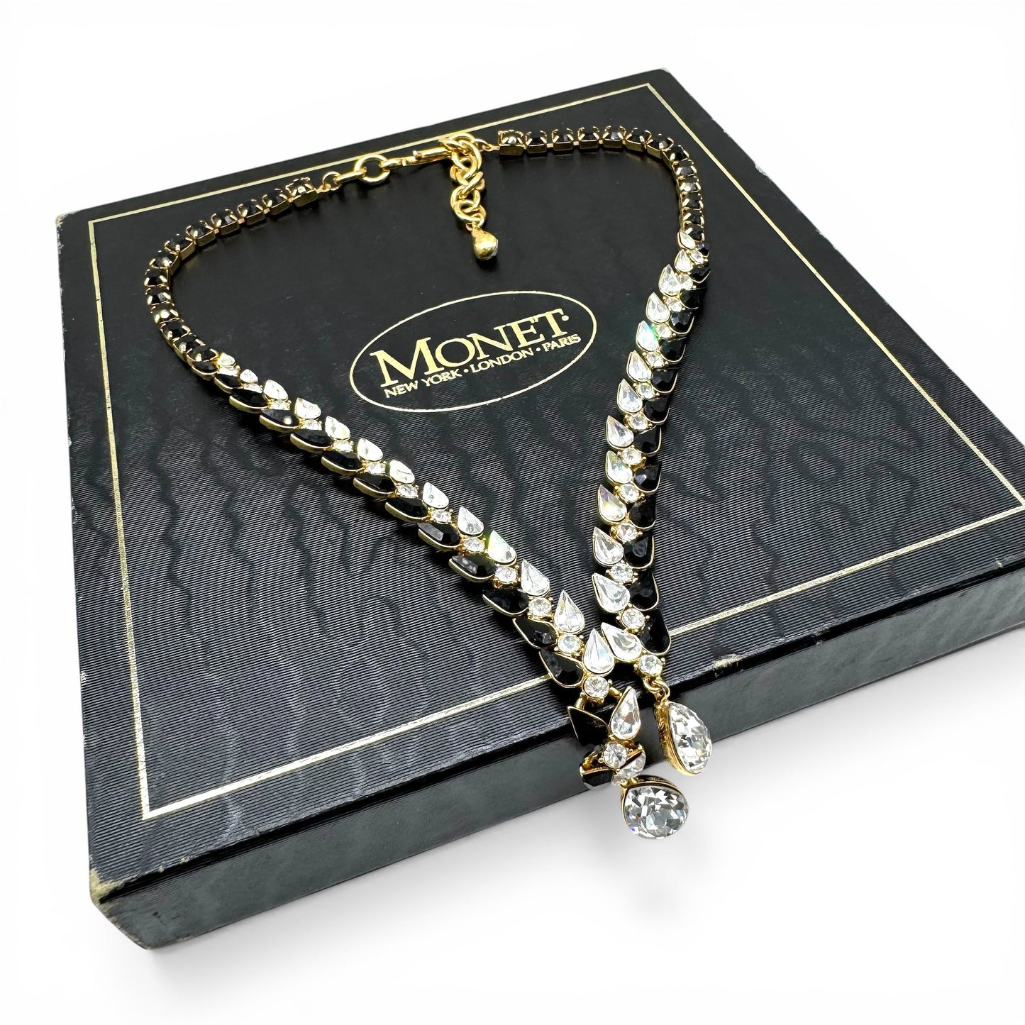 Monet Statement 1980s Swarovski Crystal Y-Necklace with Dual Teardrop Crystal Pendants in Original Box