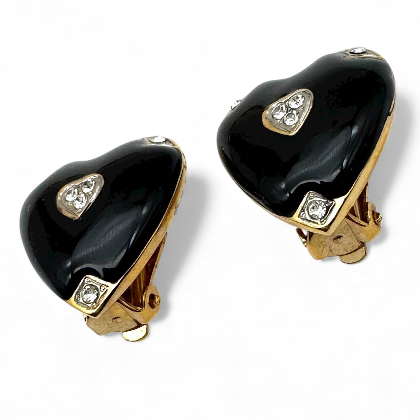 Joan Collins Black Enamel Heart with Swarovski Crystal Accents Clip On Earrings
