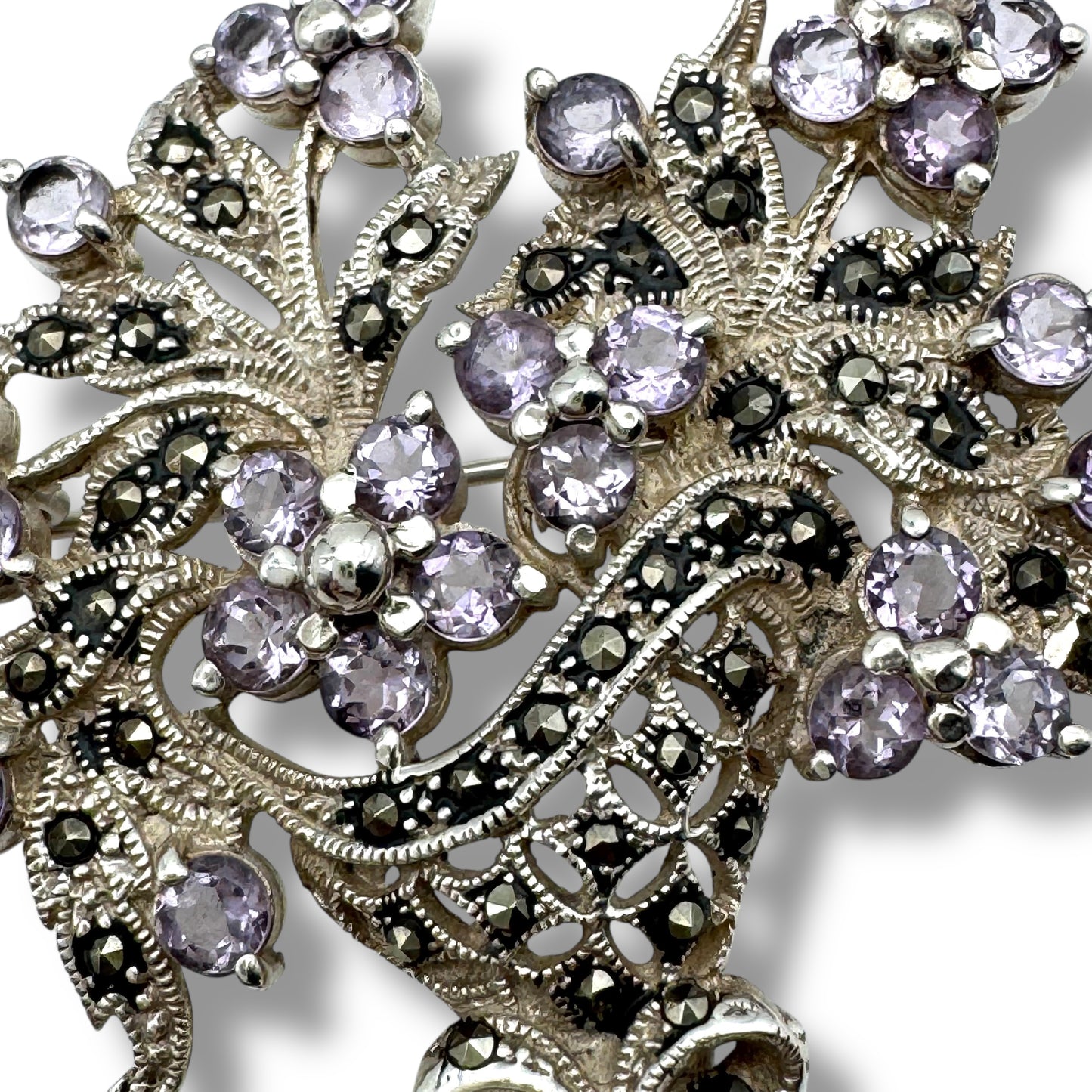 Vintage 925 Silver Victorian Revival Giardinetti Style Amethyst and Marcasite Flower Basket Brooch