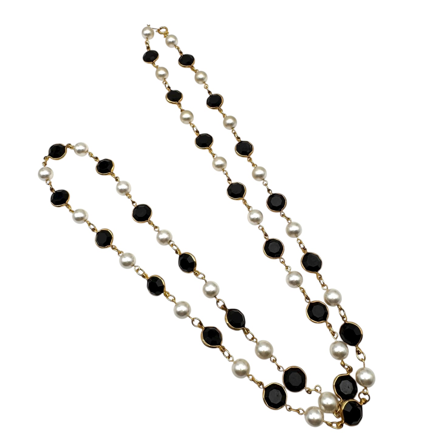 Opera Length Faux Pearl and Black Bezel Set Long Single Strand Necklace