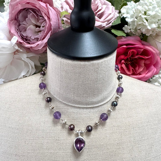 Dower & Hall Amethyst & Freshwater Peacock Pearl Talisman Necklace Engraved 'Love Happiness Luck' in Original Box