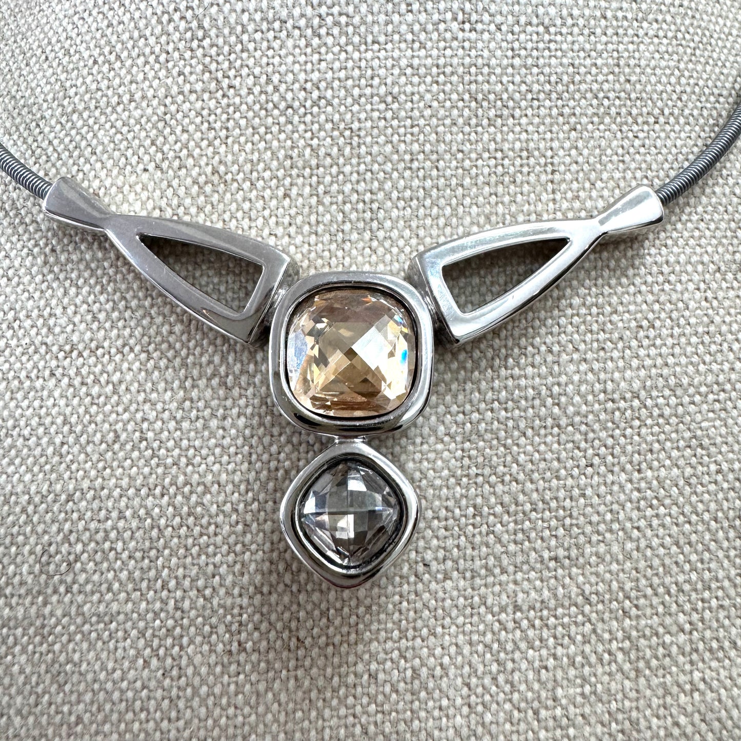 Pierre Lang Rhodium Plated Faceted Crystal Pendant Necklace with Integral Omega Chain