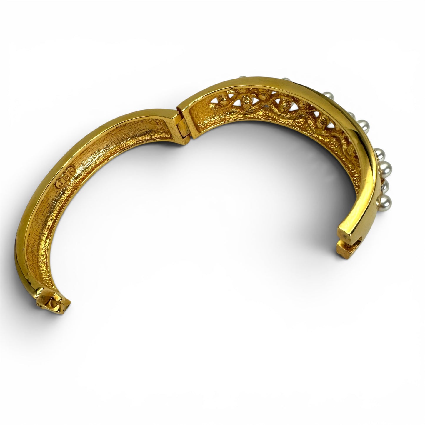 Camrose and Kross JBK 18ct Gold Plated Lattice Glass Faux Pearl and Swarovski Crystal Hinged Bangle