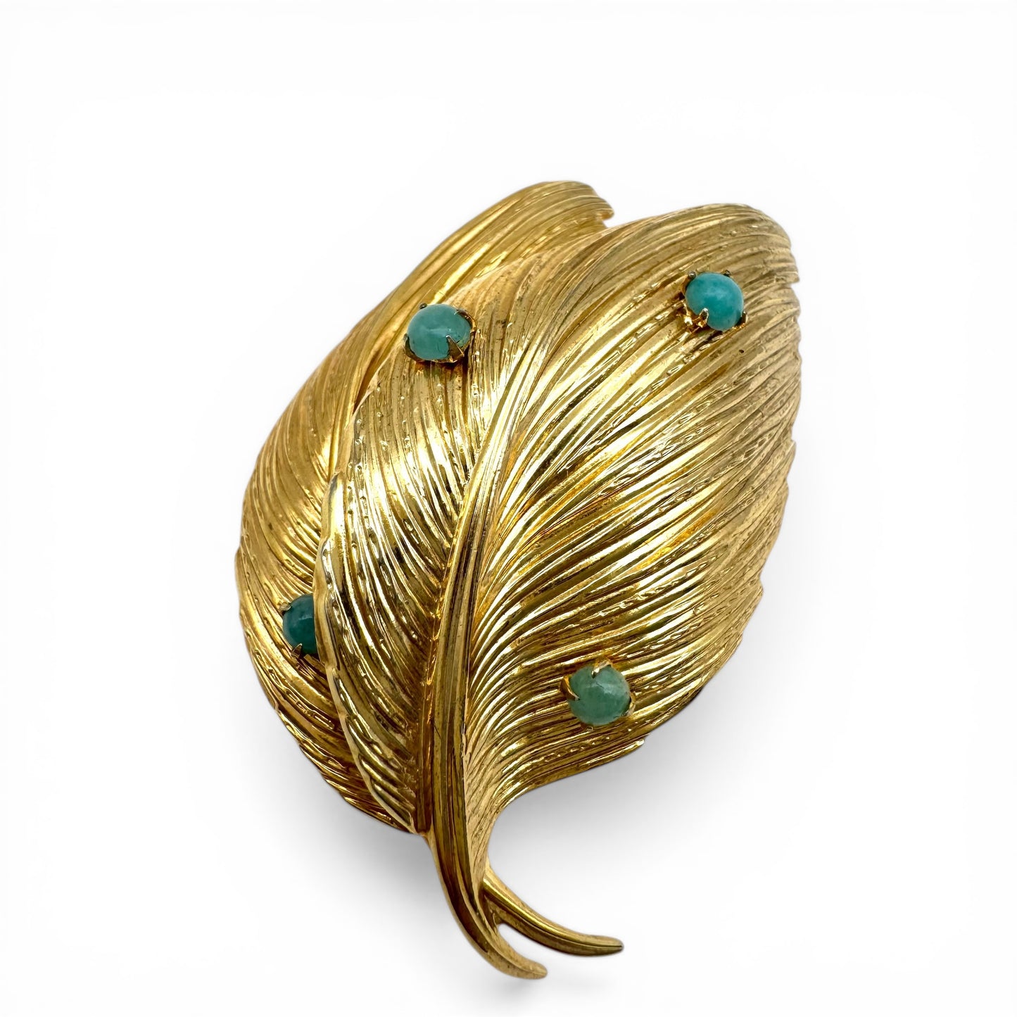 Grosse Germany 1962 Gold Plated Double Leaf Brooch with Turquoise Glass Accents