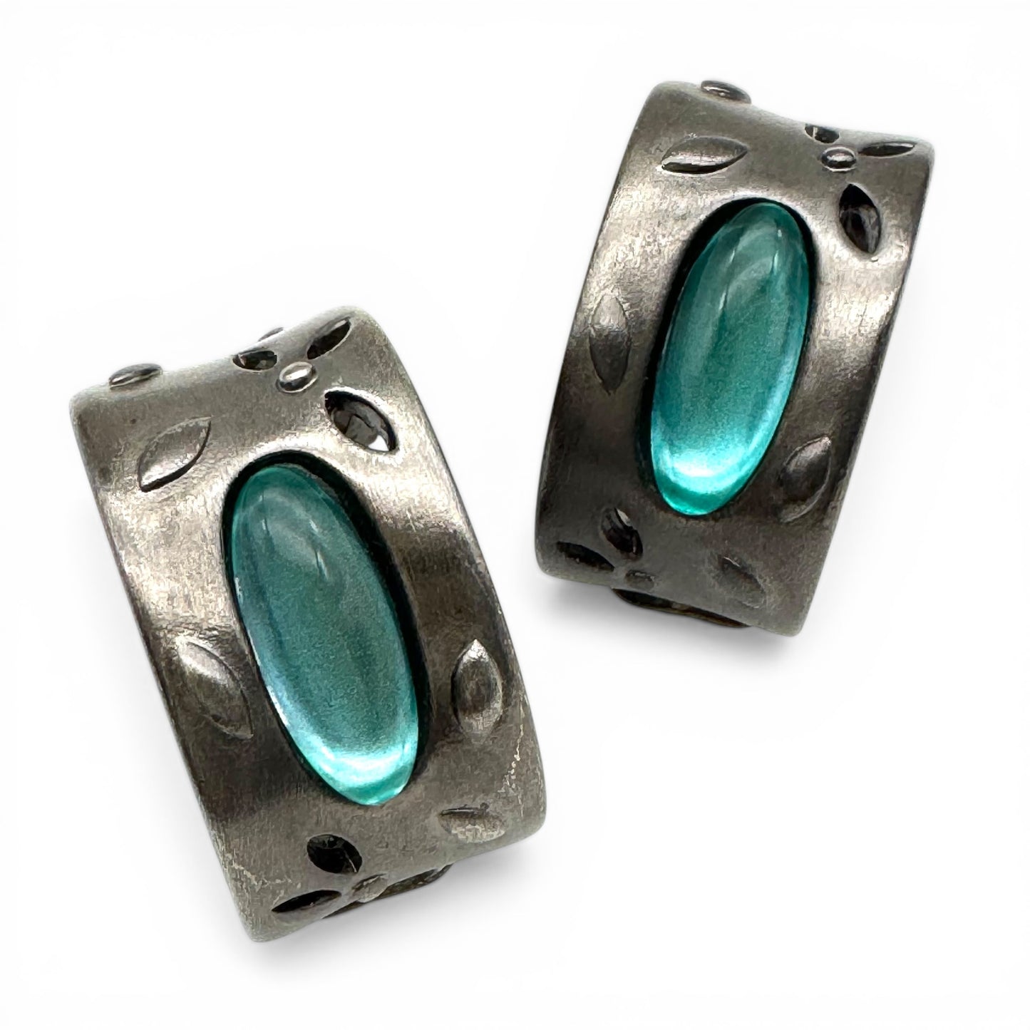 1990s Givenchy Sculptural Cuff Floral Push Back Clip-On Earrings with Turquoise Glass Cabochons