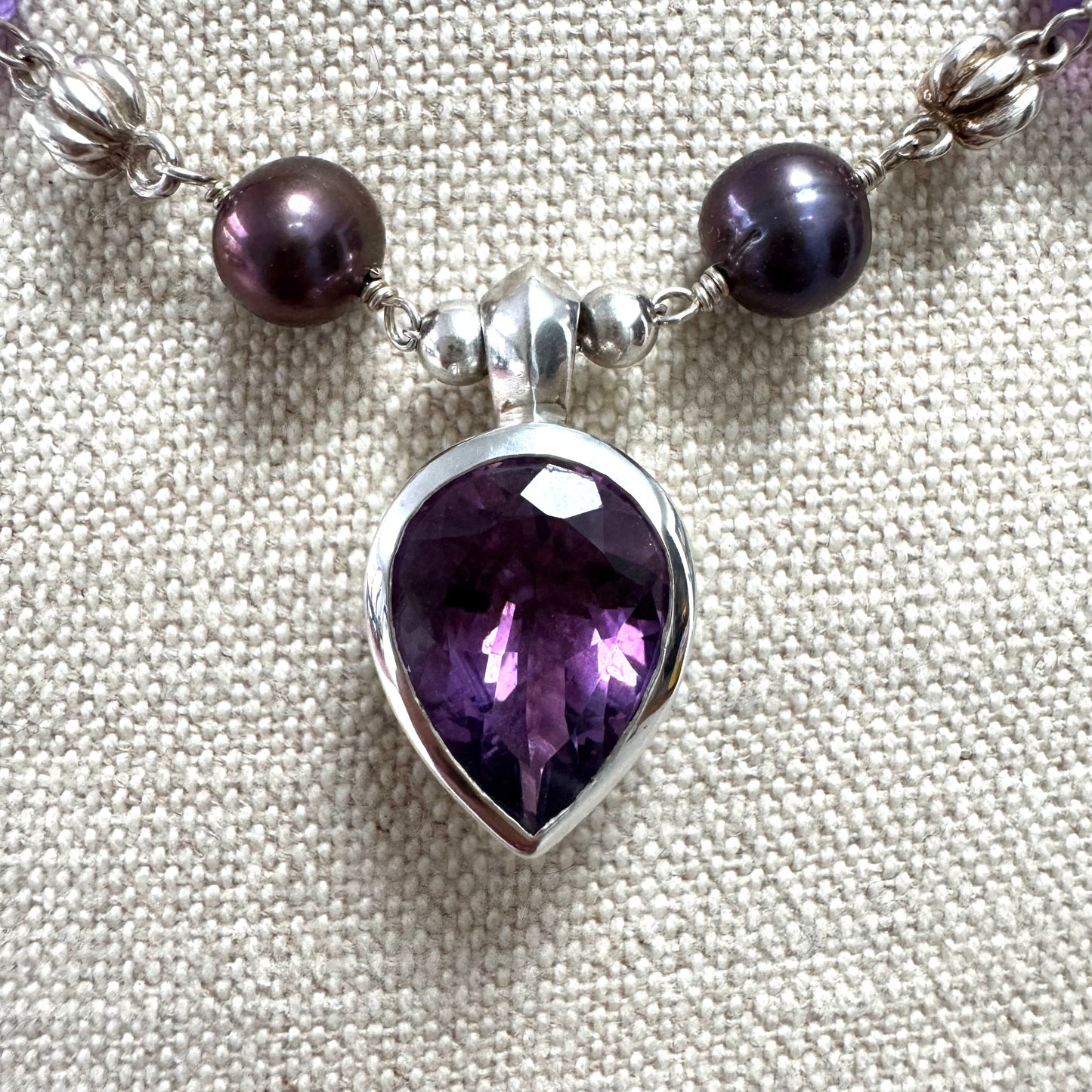 Dower & Hall Amethyst & Freshwater Peacock Pearl Talisman Necklace Engraved 'Love Happiness Luck' in Original Box