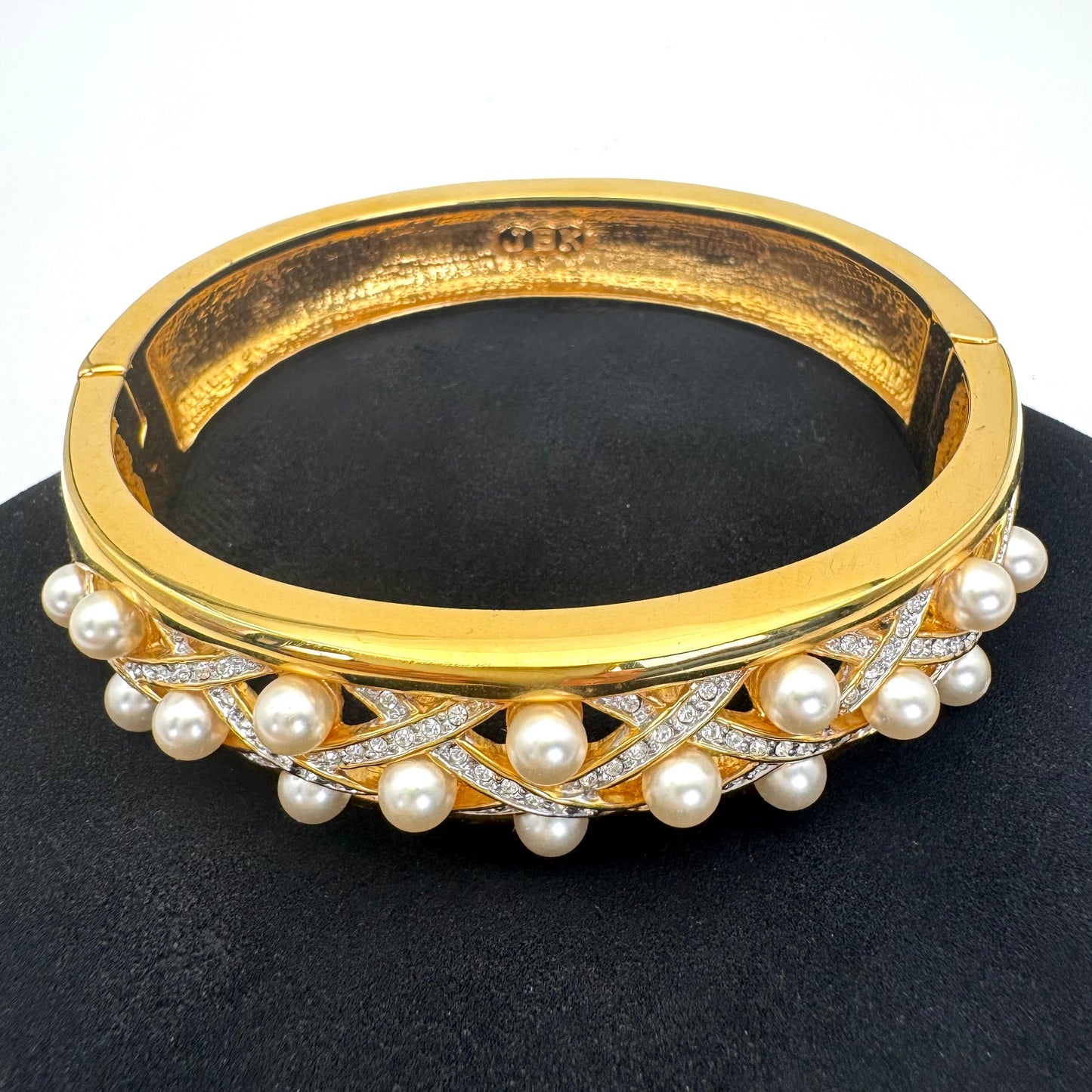 Camrose and Kross JBK 18ct Gold Plated Lattice Glass Faux Pearl and Swarovski Crystal Hinged Bangle
