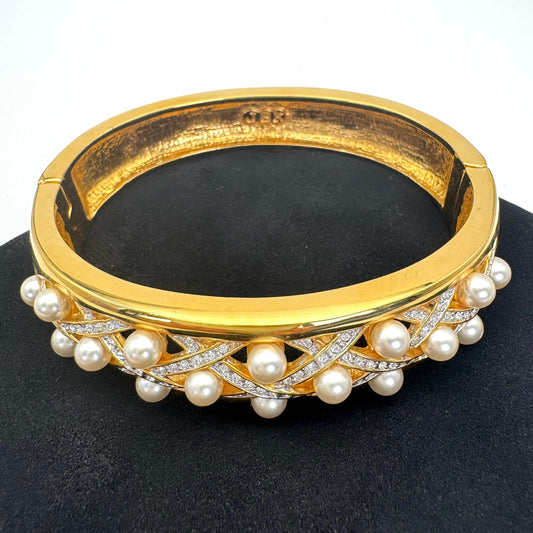Camrose and Kross JBK 18ct Gold Plated Lattice Glass Faux Pearl and Swarovski Crystal Hinged Bangle