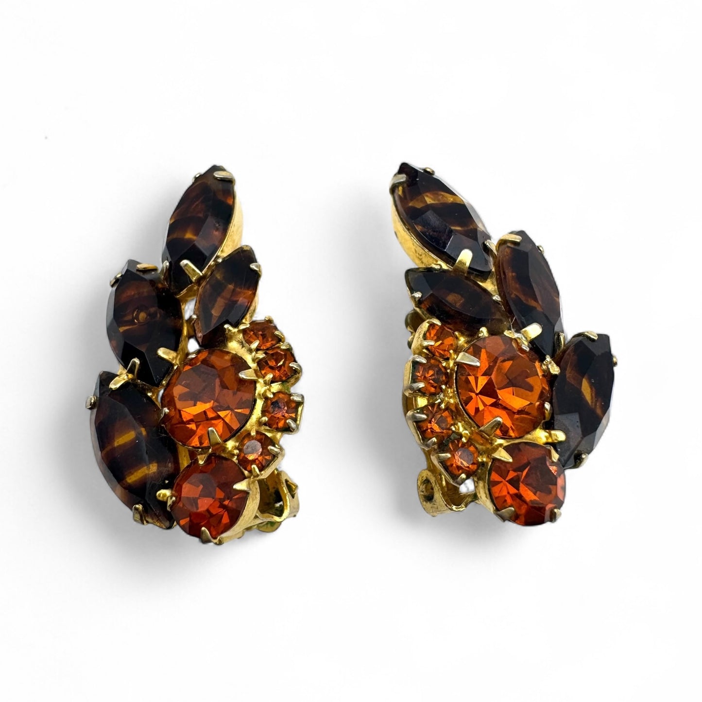 1950's Striped Brown Topaz Glass and Tangerine and Mandarin Topaz Rhinestone Clip On Earrings