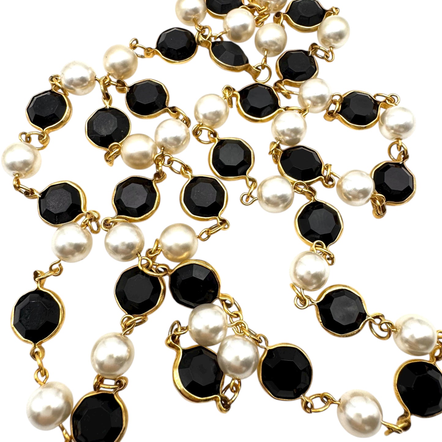 Opera Length Faux Pearl and Black Bezel Set Long Single Strand Necklace