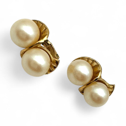 Givenchy New York Paris Double Faux Pearl Gold Plated Clip On Earrings