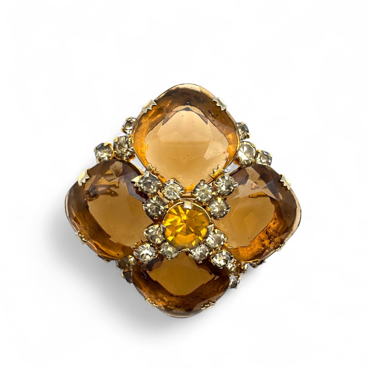 1950s Open Back Cushion-Shaped Topaz Glass Quatrefoil Brooch