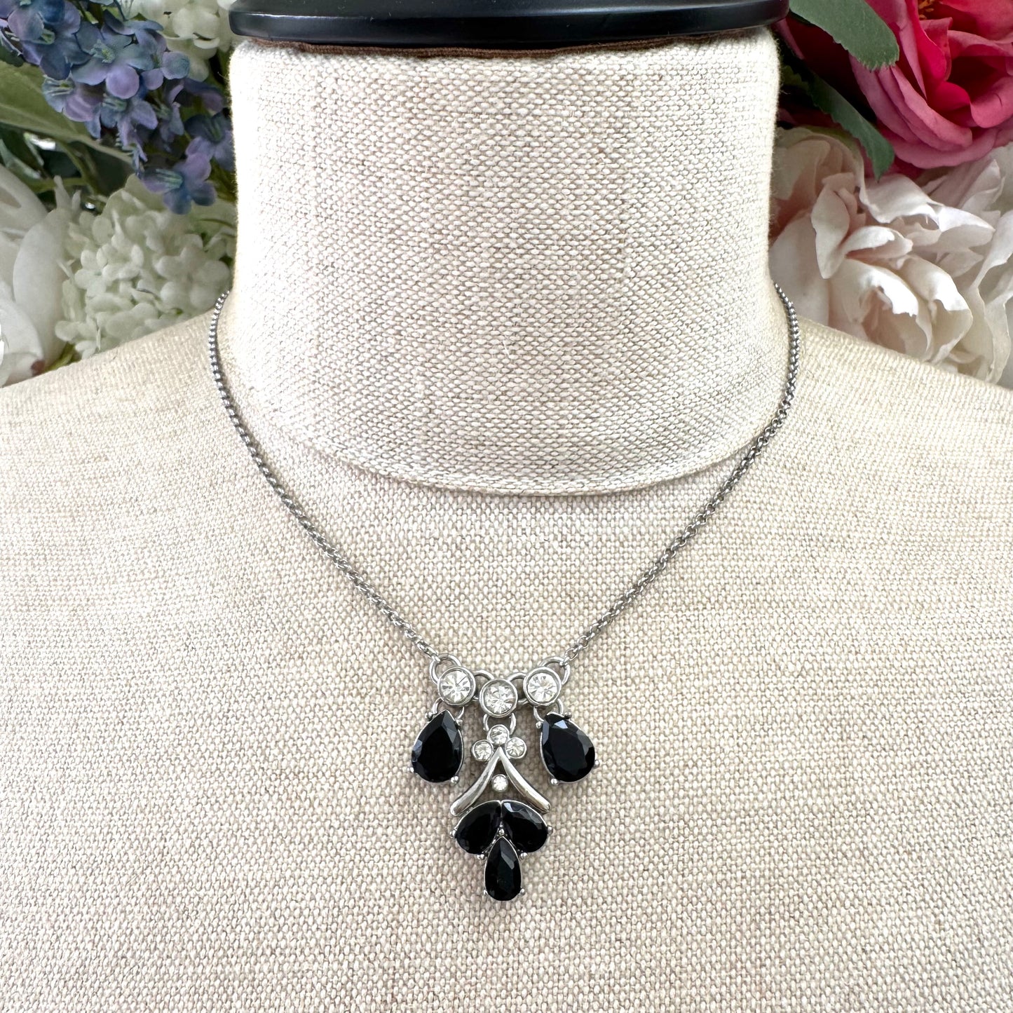 Monet Clear Rhinestone and Black Glass Integral Pendant Necklace