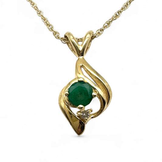 14ct Gold Emerald and Diamond Pendant On 9ct Gold Trace Chain