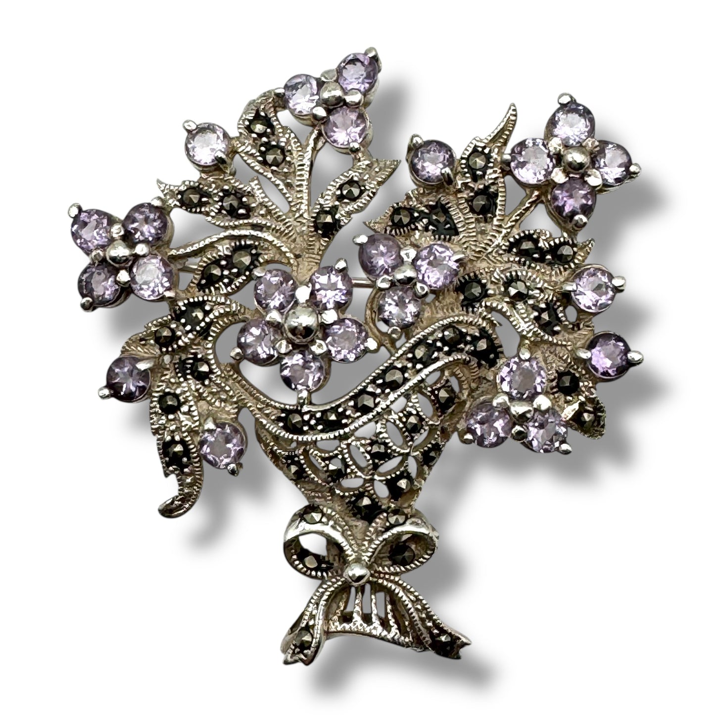 Vintage 925 Silver Victorian Revival Giardinetti Style Amethyst and Marcasite Flower Basket Brooch