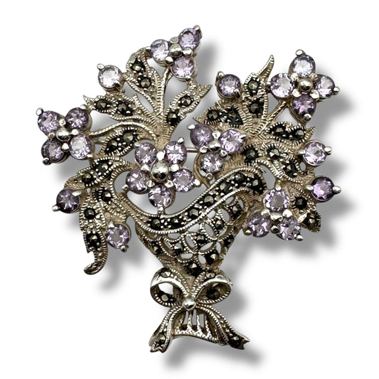 Vintage 925 Silver Victorian Revival Giardinetti Style Amethyst and Marcasite Flower Basket Brooch
