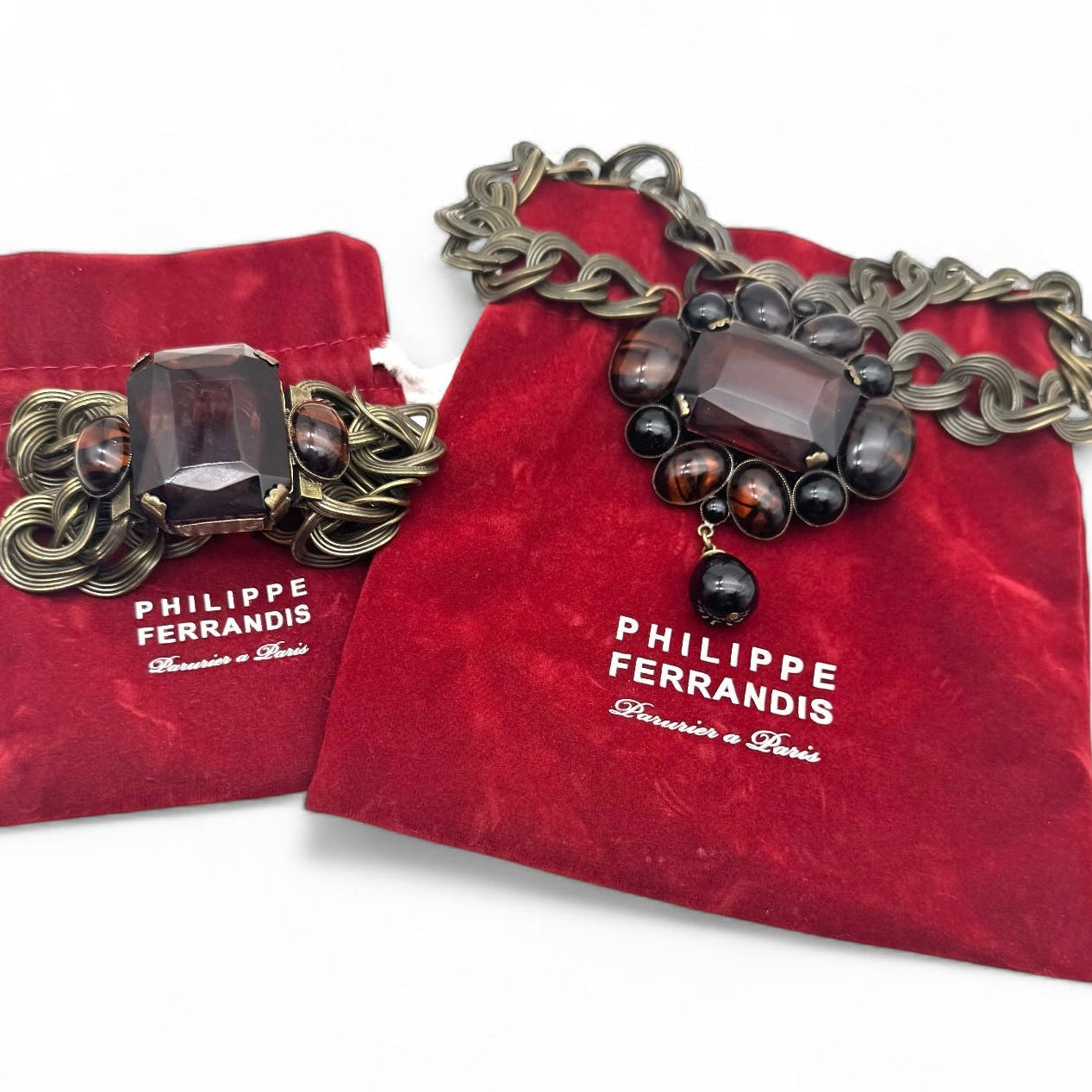 Philippe Ferrandis Huge Antique Bronze Double Flat Link Brown, Black and Striped Topaz Glass Statement Necklace and Bracelet Set