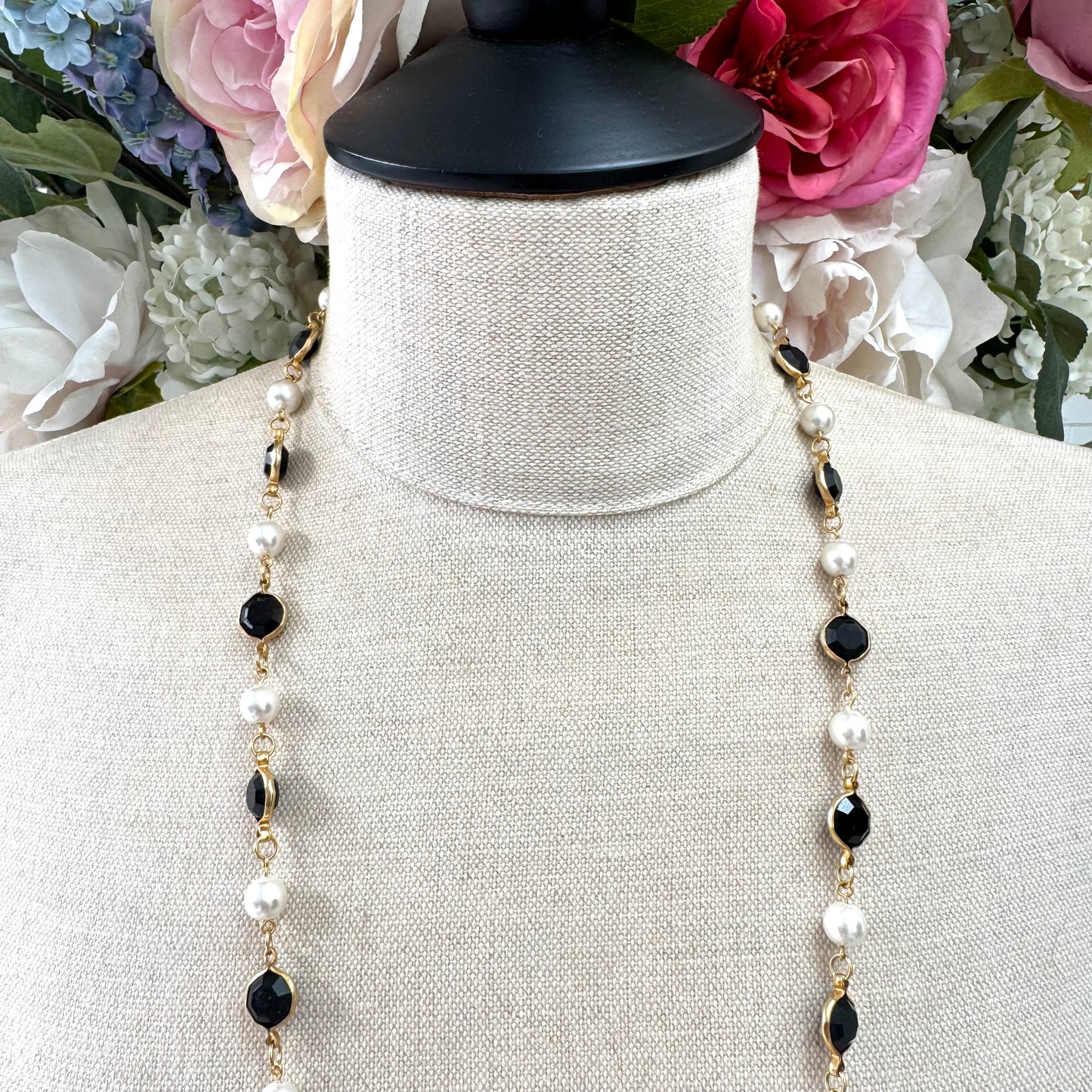 Opera Length Faux Pearl and Black Bezel Set Long Single Strand Necklace