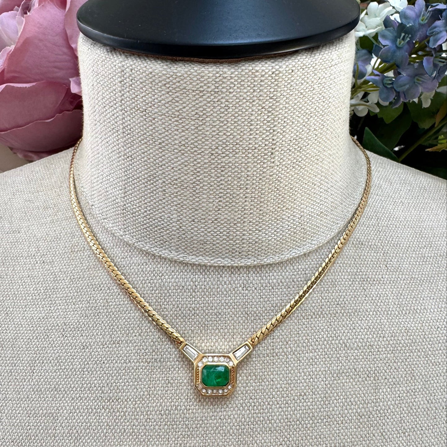 Christian Dior Germany 22ct Gold Plated Flawed Emerald and Crystal Integral Pendant Necklace