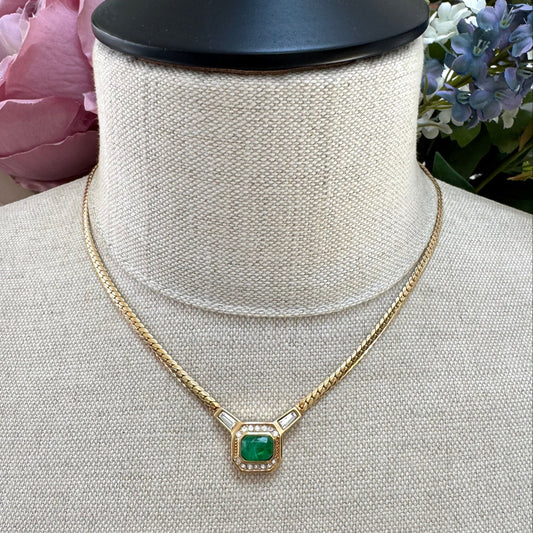 Christian Dior Germany 22ct Gold Plated Flawed Emerald and Crystal Integral Pendant Necklace
