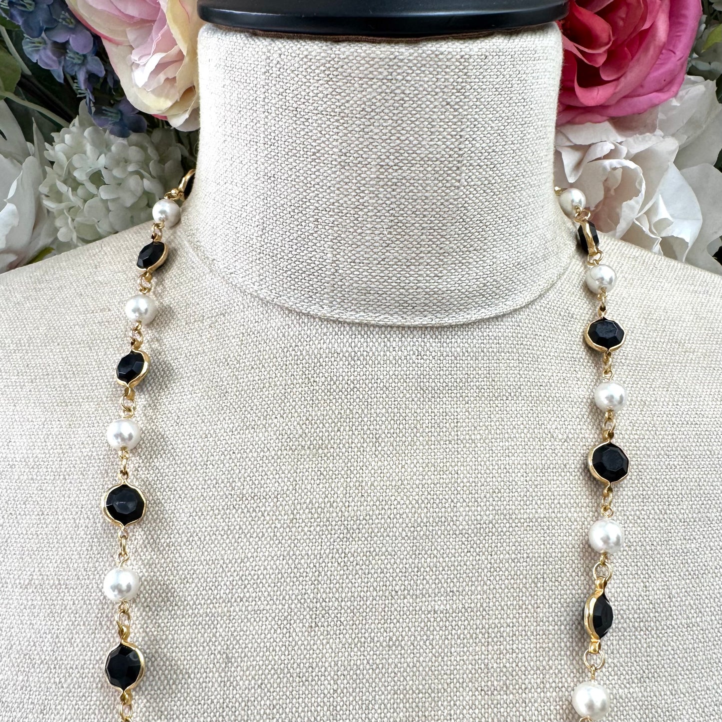 Opera Length Faux Pearl and Black Bezel Set Long Single Strand Necklace