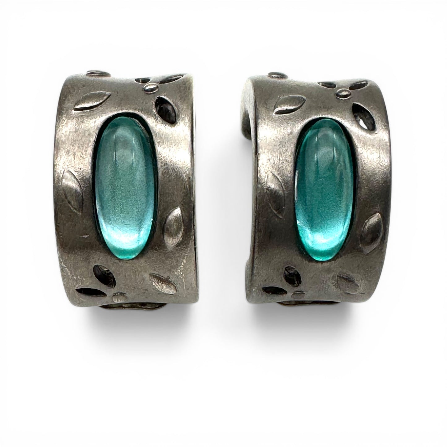 1990s Givenchy Sculptural Cuff Floral Push Back Clip-On Earrings with Turquoise Glass Cabochons