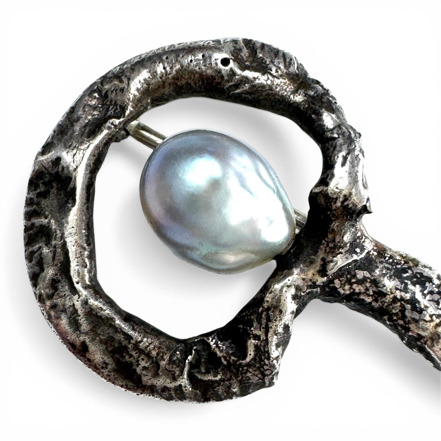 Vintage Sterling Silver Handcrafted Organic Freeform Key Brooch with Baroque Cultured Pearl and Green Stone Accents