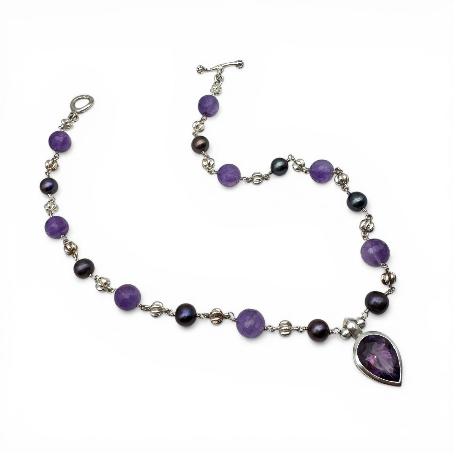 Dower & Hall Amethyst & Freshwater Peacock Pearl Talisman Necklace Engraved 'Love Happiness Luck' in Original Box