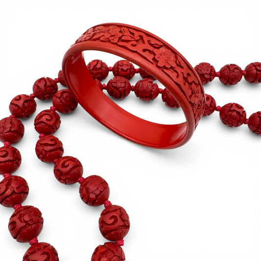 Mid Century Chinese Export Cinnabar Style Wood Core Lacquer Necklace and Bangle