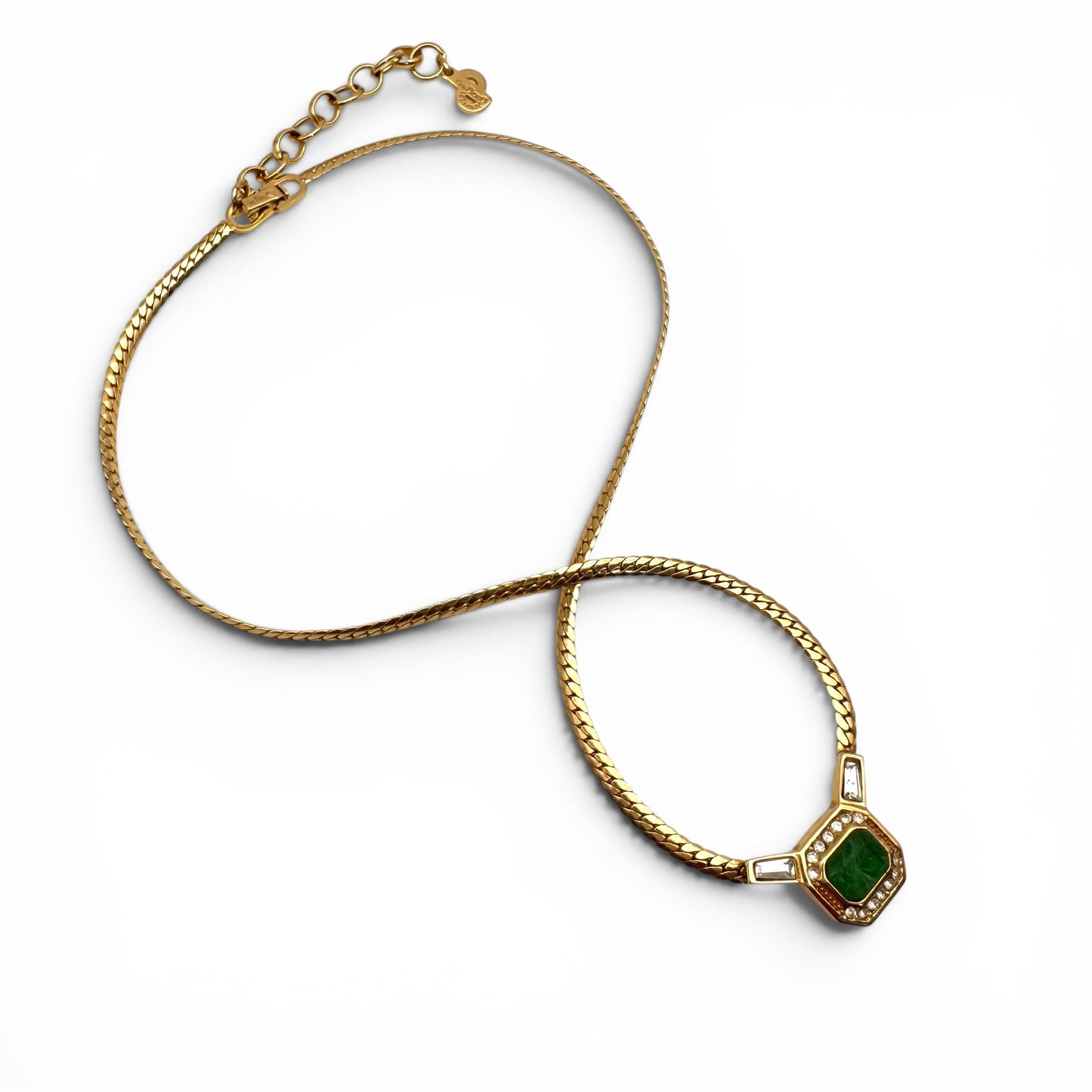 Christian Dior Germany 22ct Gold Plated Flawed Emerald and Crystal Integral Pendant Necklace