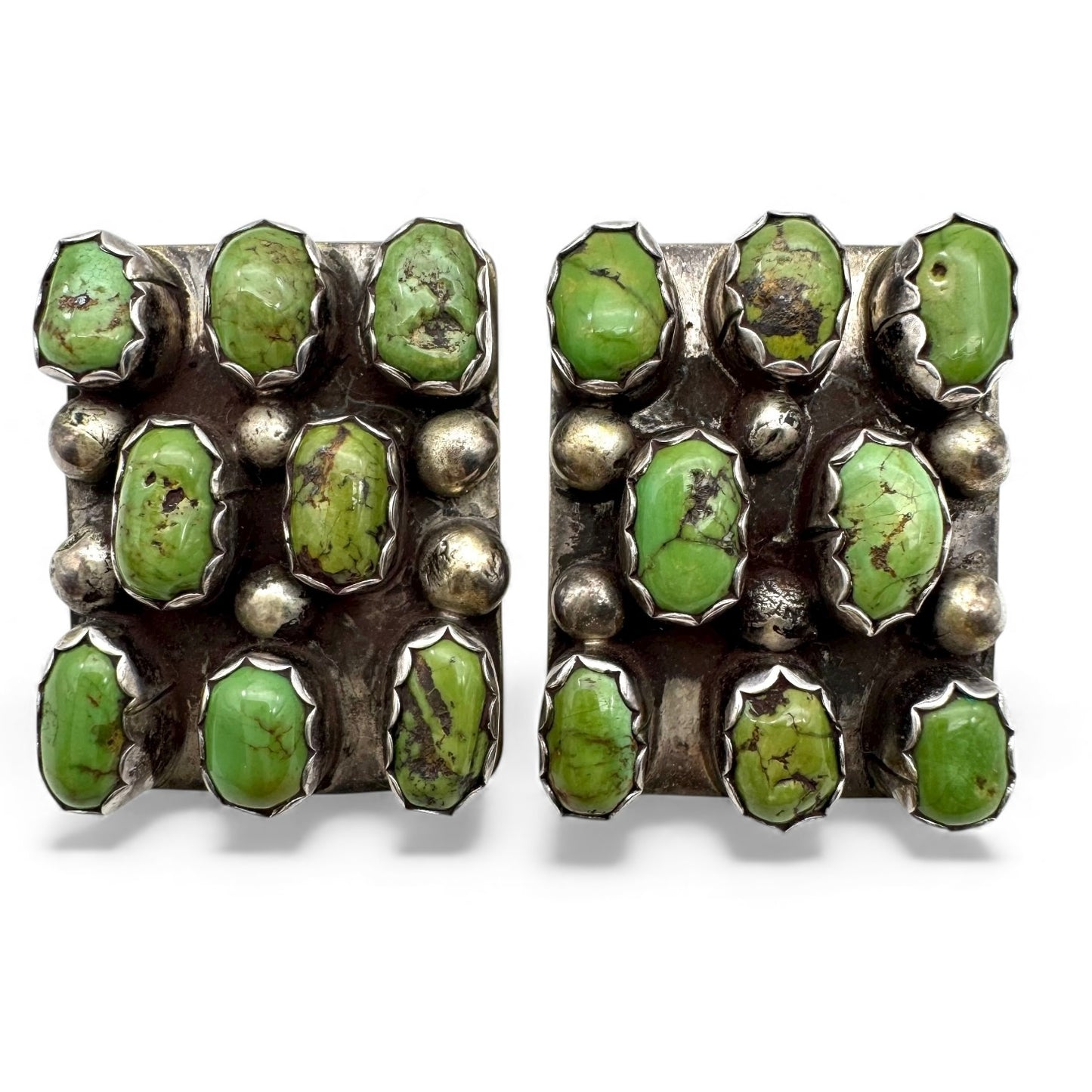 Dorothy Secatero Sterling 'Ds' Navajo Green Turquoise Cluster Pierced Earrings