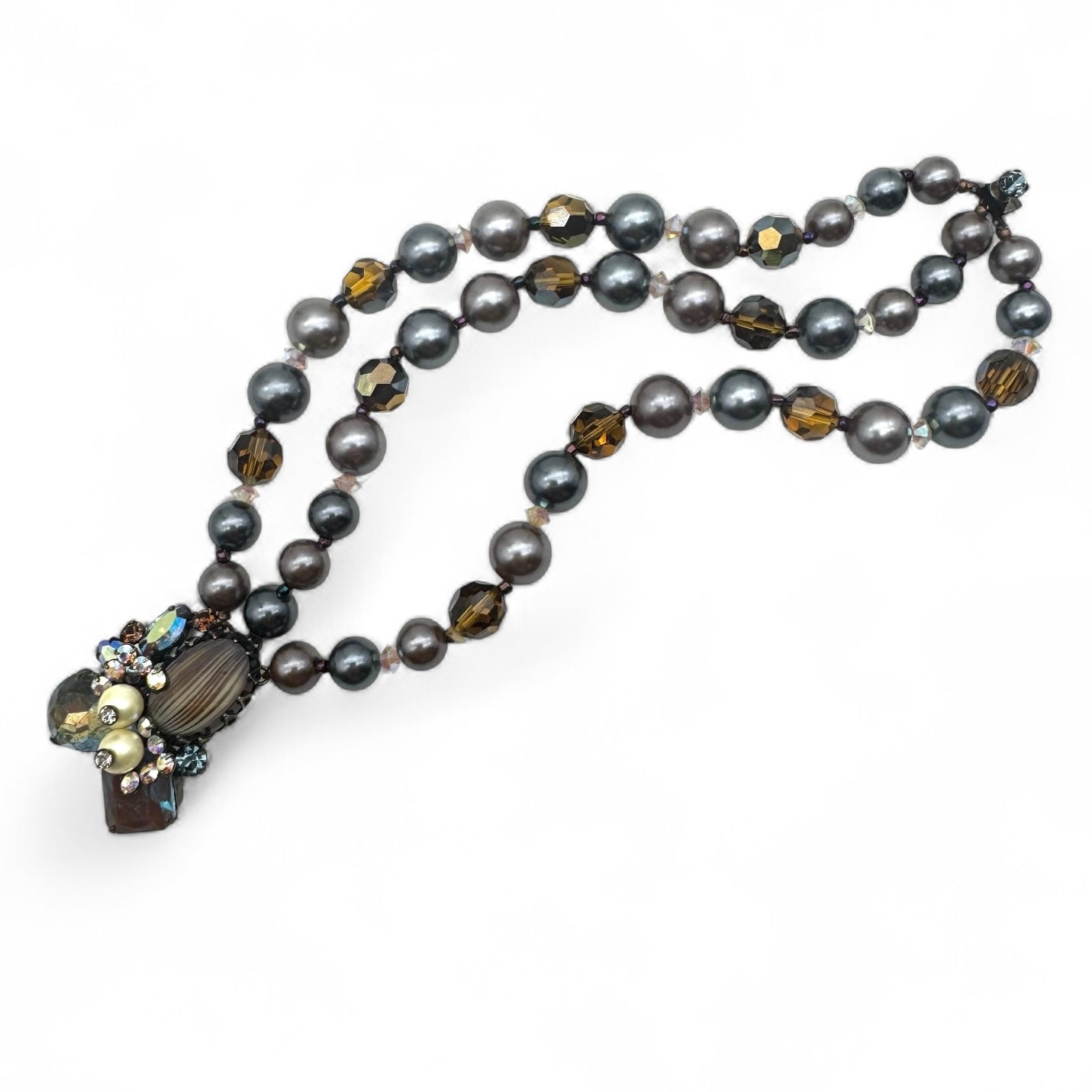 Marvella Sappharine / Saphiret Three Strand Smoky Grey and Chocolate Bronze Faux Pearl Bracelet with Cluster Slide Clasp