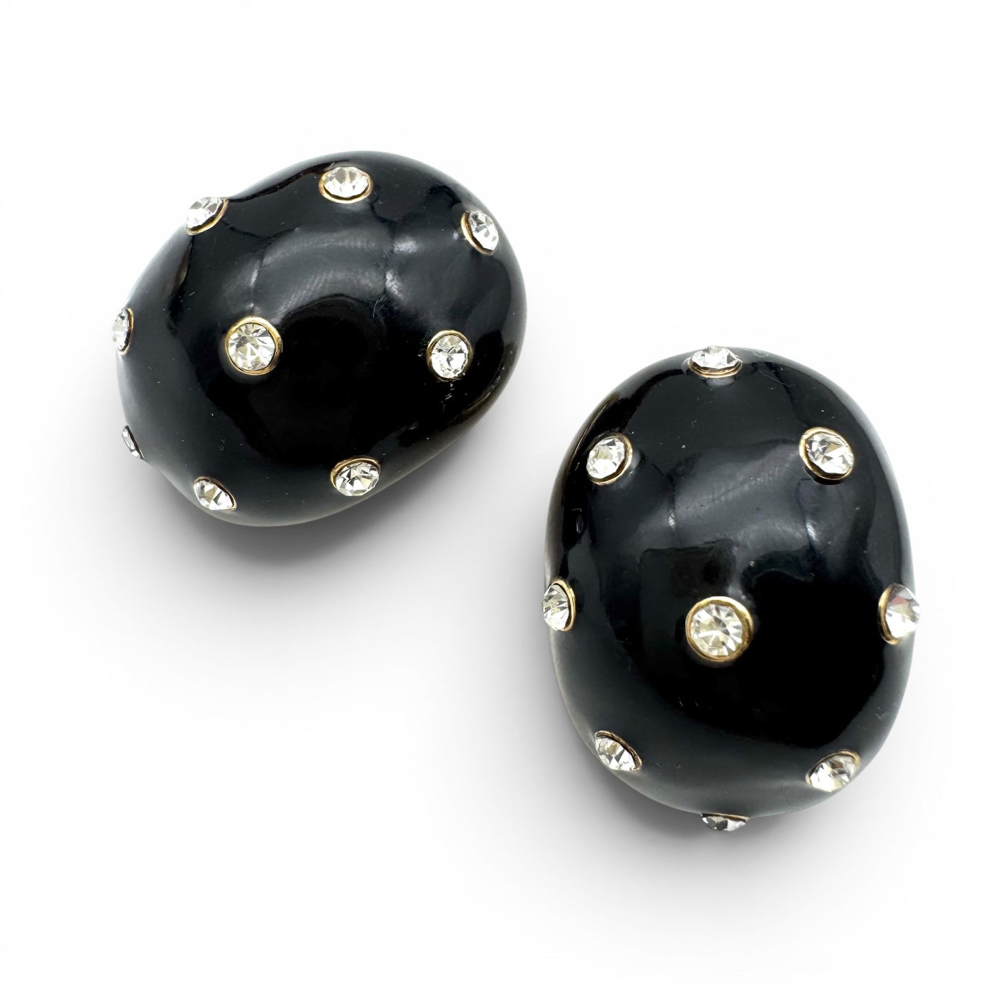 Vintage 1980's Black Enamel and Clear Rhinestone Concave Clip On Earrings