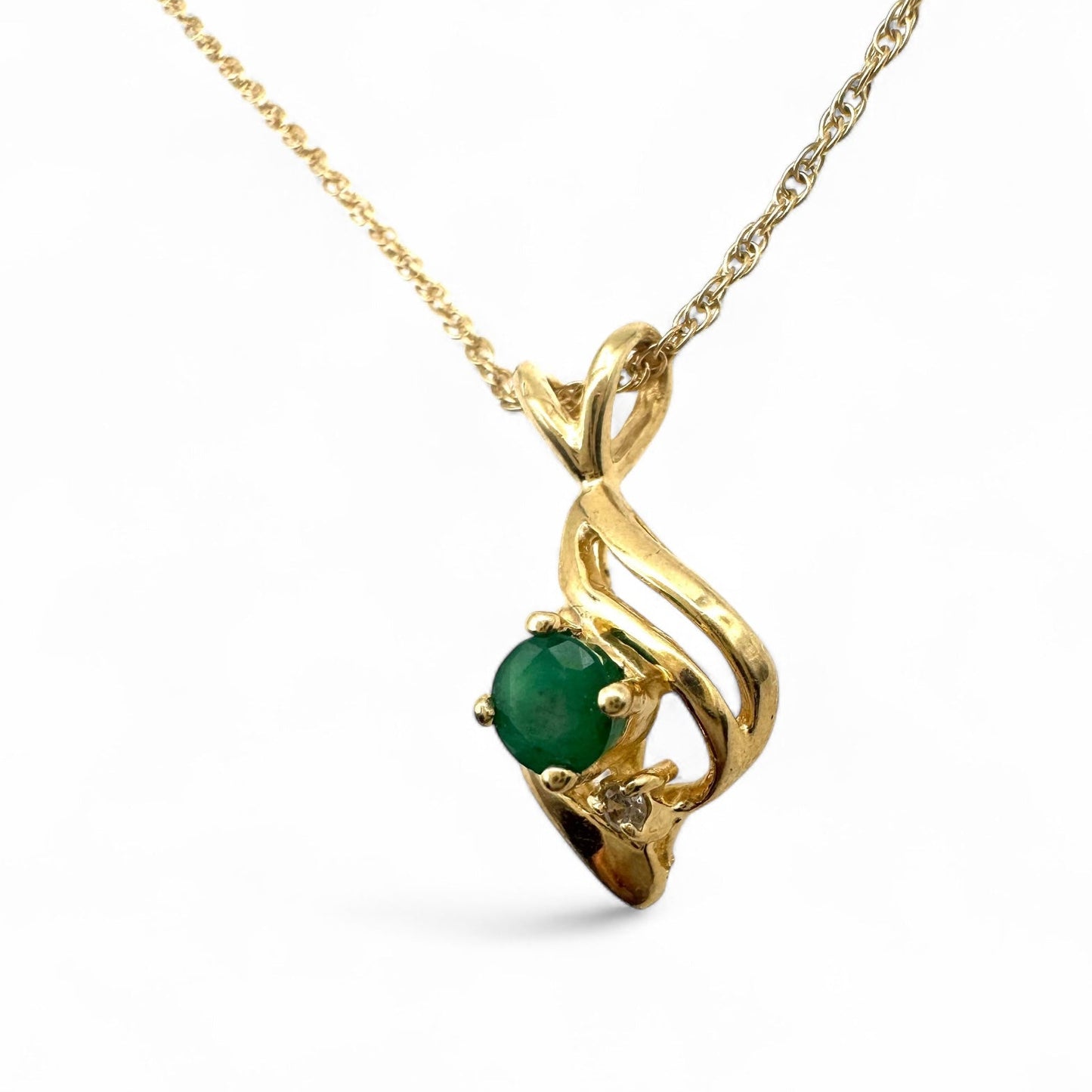 14ct Gold Emerald and Diamond Pendant On 9ct Gold Trace Chain