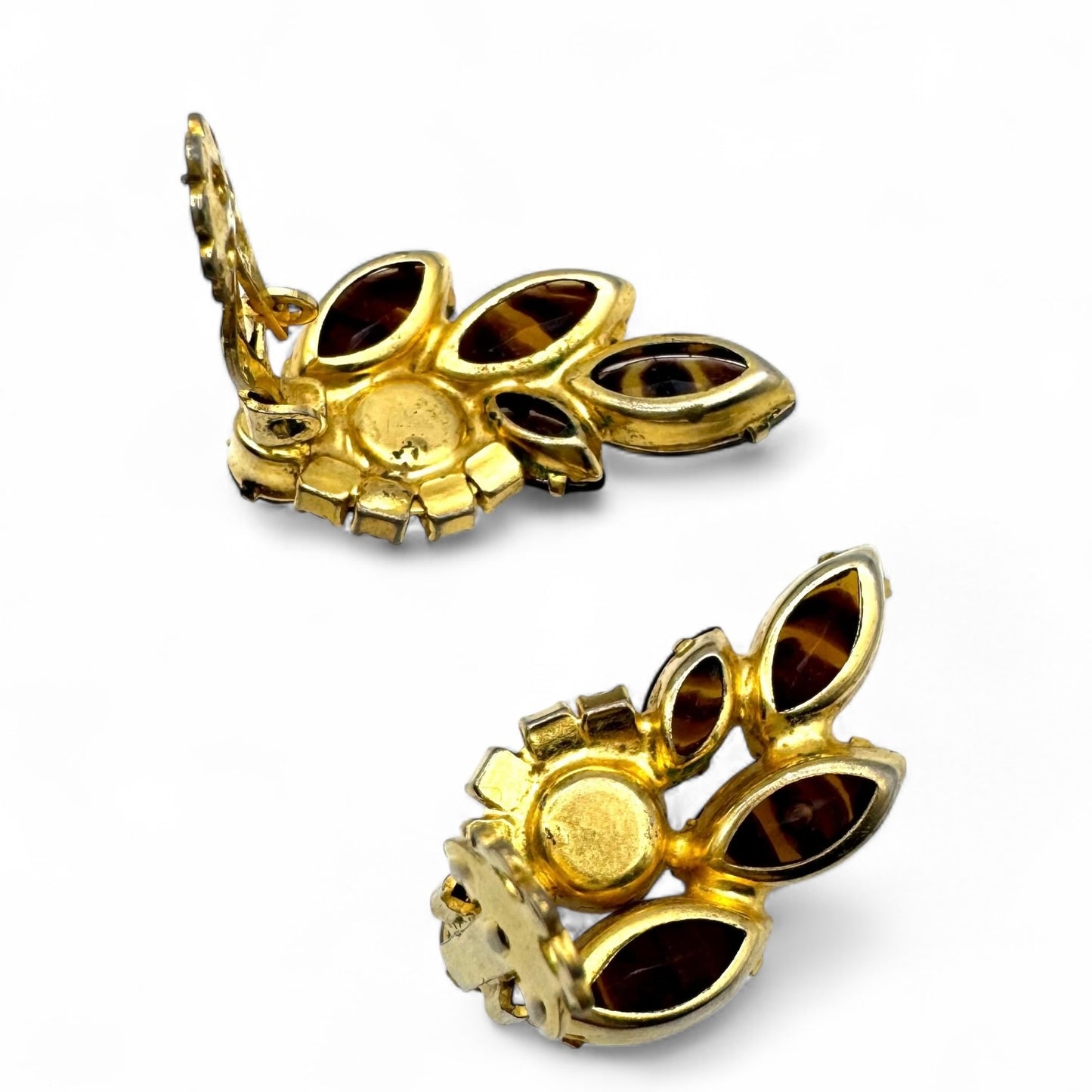 1950's Striped Brown Topaz Glass and Tangerine and Mandarin Topaz Rhinestone Clip On Earrings