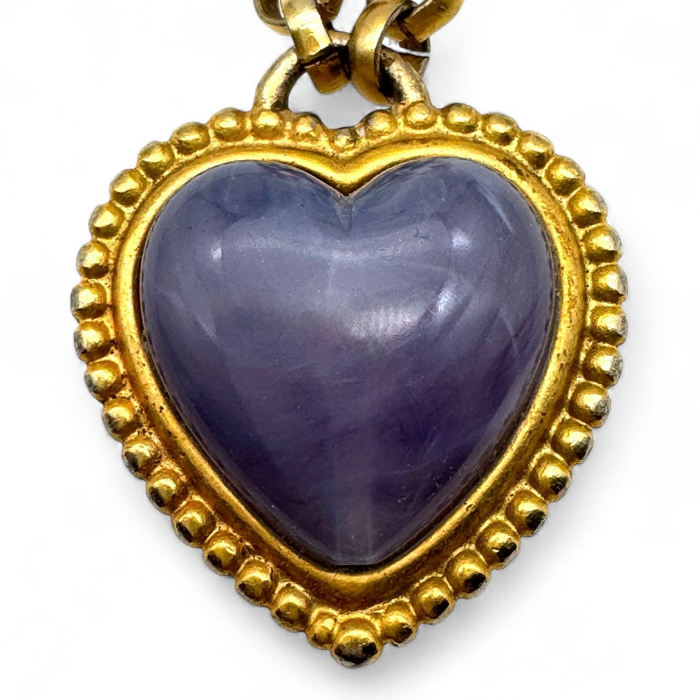 Leslie Block Matte Gold Plated Heart-Shaped Lilac Art Glass Pendant Necklace with Glass and Faux Pearl Bead Accents
