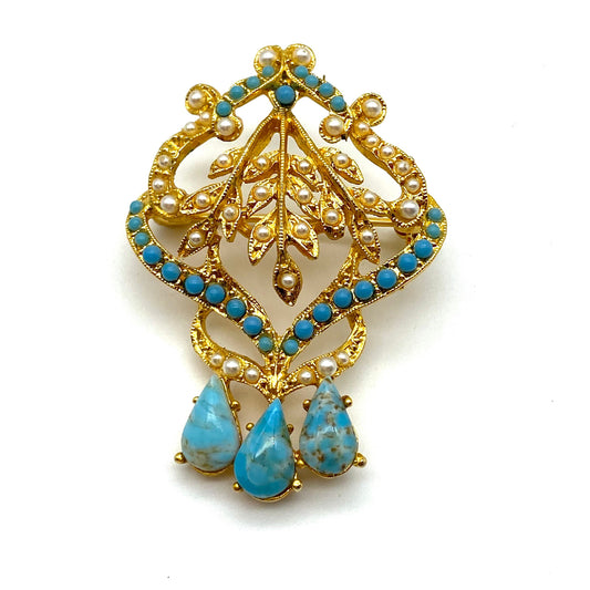 Signed 'Exquisite' Faux Turquoise and Faux Seed Pearl Victorian Style Brooch