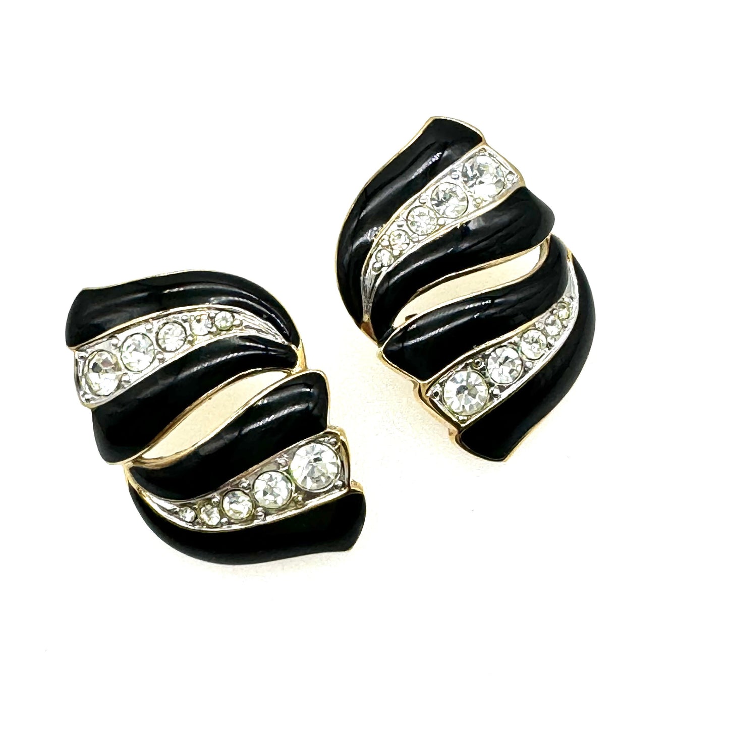 Bergdorf Goodman Black Enamel and Swarovski Crystal Pierced Earrings with Brand New 925 Silver Butterfly Backs