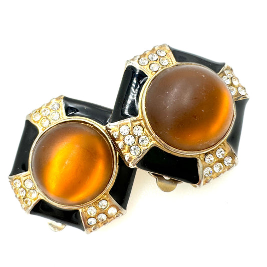 Signed Frosted and Foiled Cabochon Enamel and Rhinestone Clip On Earrings