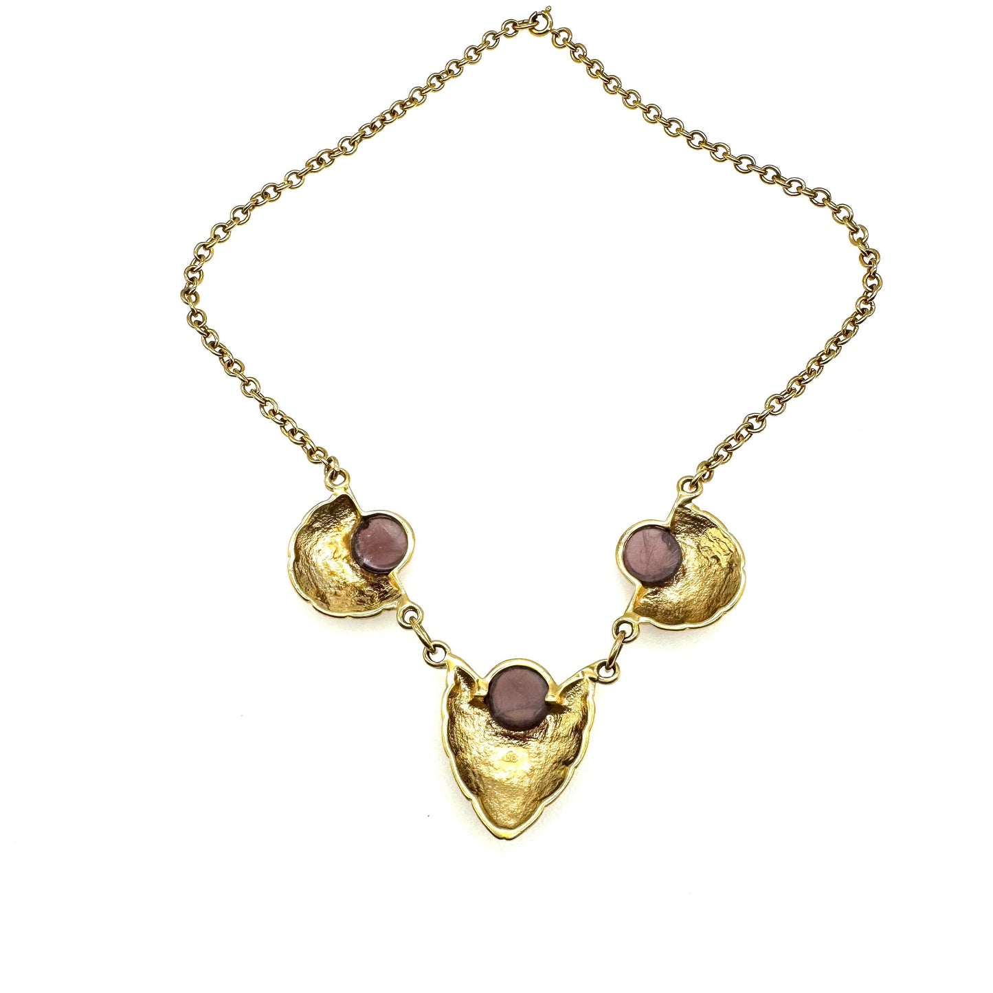 Signed ABC or PBC Purple Art Glass Ribbed Three Pendant Graduated Bib Chain Link Necklace